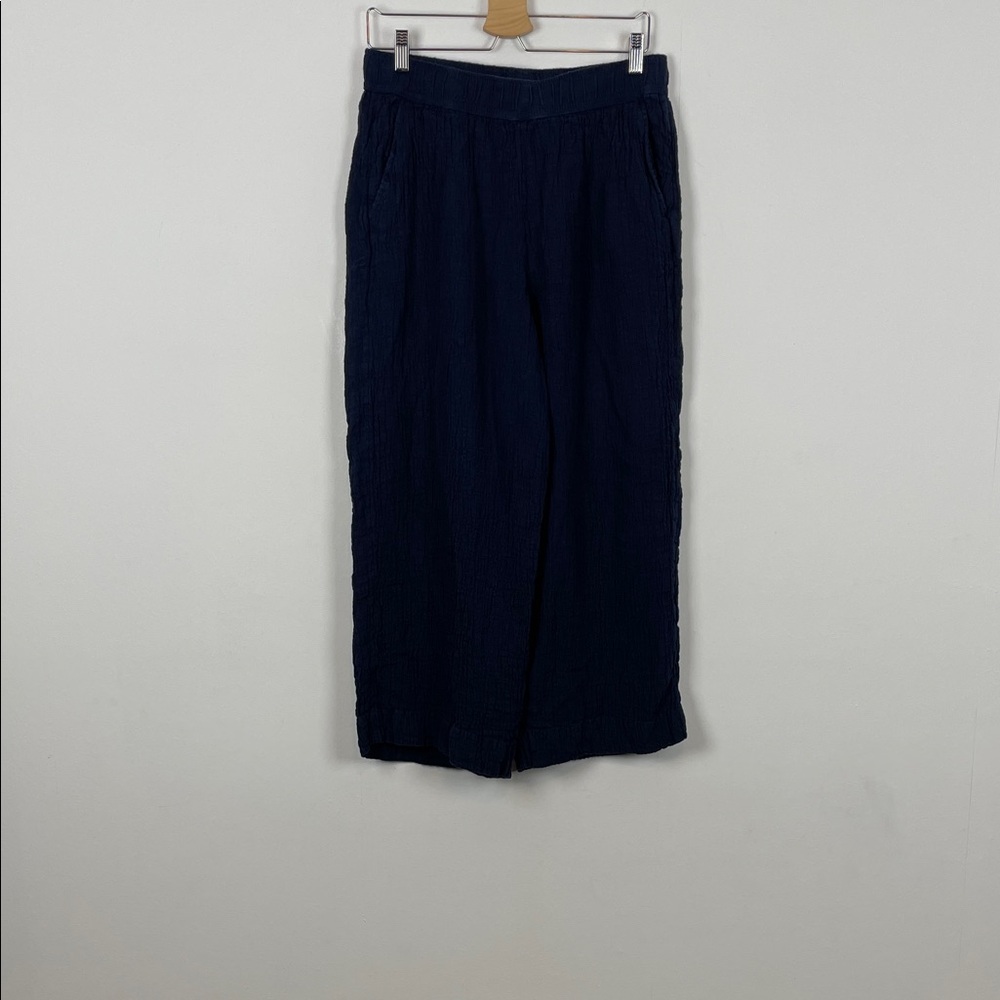 Tahari Linen Cropped Wide Leg Texture Elastic Waist Pullon Women's L Blue Pants